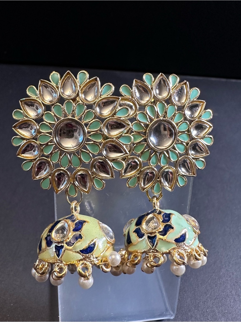Mint Enamel Kundan-Style Jhumka Statement Earrings ✨ NWOT